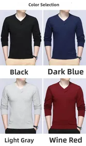 Detail view of V-neck knitted sweater color options in black, navy, grey, and wine red