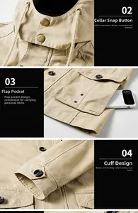 Detail view of cotton jacket featuring drawstring hood, cargo pocket and button cuffs