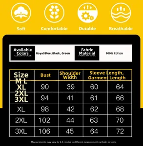 Tableau des tailles détaillé pour t-shirt homme 100% coton à manches longues, tailles M à 3XL