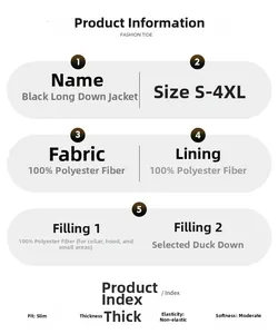 Detailed size chart and material specs for black long down jacket from S to 4XL