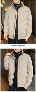 Detail of light khaki quilted jacket with unique wave patterns and tall collar design