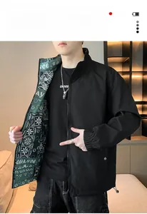 Detail view of a men's reversible jacket showing green geometric floral print and chance text