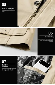 Detail view of khaki jacket with metal zipper, reinforced stitching and camouflage inner pocket