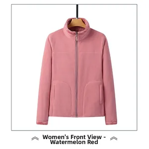 Close-up of watermelon red fleece jacket featuring soft texture and zipper pocket detail