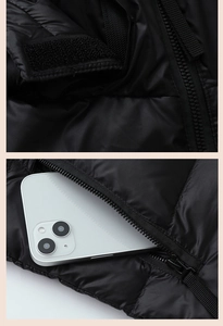 Detailed macro view of heavy-duty zippers and deep functional side pockets on down jacket