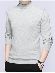 Detailed view of the ribbed mock neck and knit texture on this light gray men's sweater