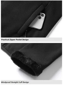 Close-up of fleece jacket with zipper pockets and thick black faux fur lining for warmth