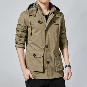 Men's Casual Hooded Cargo Jacket Windproof Cotton Canvas Multi Pocket Military Style Outdoor Outerwear For Men