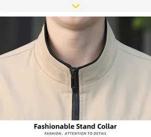 Détail d'une veste en coton beige pour homme avec col montant élégant et zip noir