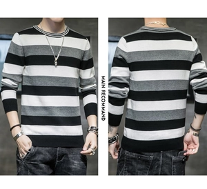 Vues avant et arrière du pull en maille rayé noir gris blanc pour hommes au col rond