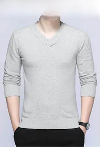 Close-up of ribbed V-neckline on a men's light grey cotton knit sweater with premium stitching