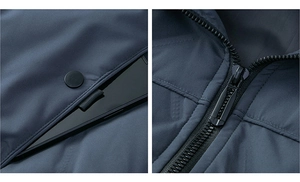 Detailed view of windproof navy blue jacket featuring snap pocket and high-quality metal zipper