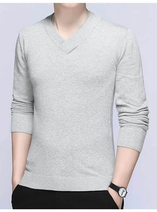 Detail view of men's light grey V-neck knit sweater with premium ribbed cuffs and hemline