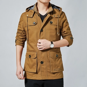 Men's khaki cotton cargo jacket with hood and functional pockets for spring 2025 fashion