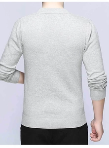 Rear view of men's slim fit V-neck knit sweater showing smooth back and ribbed texture