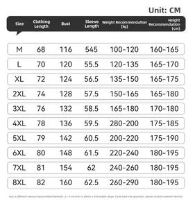 Detailed size guide table for men's jacket covering M to 8XL with precise measurements