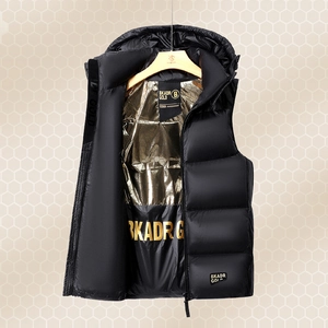 Unisex Hooded Down Vest Quilted Windproof Warm Waistcoat With Metallic Gold Heat Reflective Lining Techwear Style For Winter Outdoor