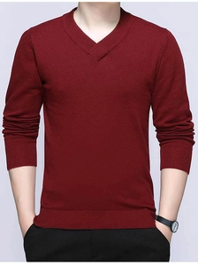Detail view of burgundy V-neck knitted sweater with ribbed cuffs and hem for men