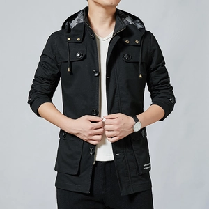 Black cotton cargo jacket for men featuring a stand collar and multiple utility pockets