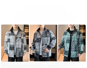 Detailed close-up of men casual zip-up jackets with letter prints in grey blue and green