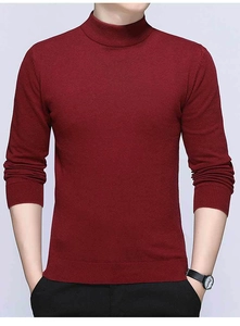 Detail shot of men's slim fit dark red knit sweater featuring a ribbed turtle neck