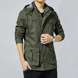Men's army green cotton hooded utility jacket with multiple pockets and drawstring hood