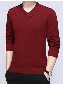 Detailed view of burgundy V-neck cotton knit sweater with ribbed cuffs and hem for men
