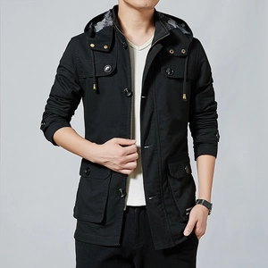 Men's black cotton work jacket with hood and large utility pockets for spring wear