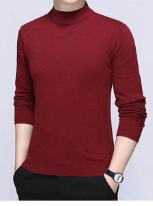 Detail of wine red slim fit men's turtle neck knit sweater with ribbed cuffs and hem