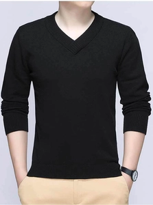 Detail of the V-neckline and ribbed knit texture on a classic black cotton sweater