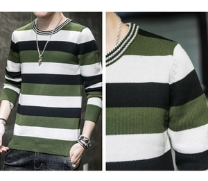 Détail d'un haut en tricot rayé pour homme avec des bandes olive, noires et blanches en coton