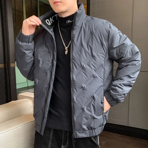Men's winter thick jacket in dark grey with diamond embossed pattern and fashion print