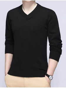 Close-up of classic ribbed V-neckline and fine knitted texture on men's black sweater