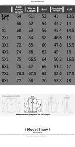 Detailed men jacket size chart from M to 8XL showing length, chest, and shoulder measurements