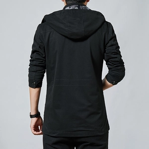 Men's minimalist black hooded cotton jacket with adjustable cuffs and back seam detailing