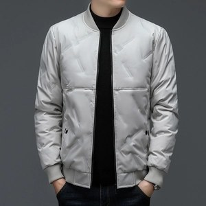 Men's light grey slim fit down jacket with standing collar and quilted texture design