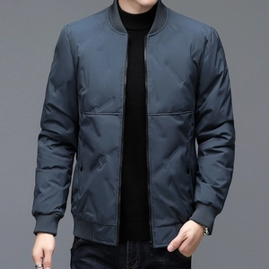 Men's dark blue lightweight down jacket with stand collar and diagonal quilting