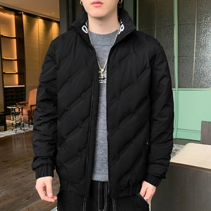 Men's black quilted down jacket with stand collar and classic diamond stitching pattern