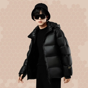 Men's stylish black hooded down jacket with letter print for winter warmth and comfort