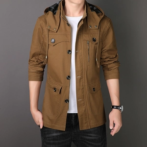 Veste à capuche décontractée en coton marron pour homme avec poches cargo