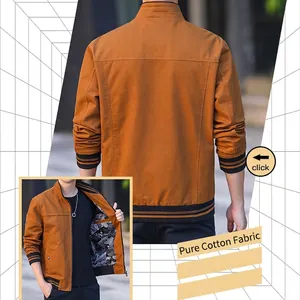 Veste de Loisirs en Pur Coton pour Hommes avec Col Montant Bomber Large d'Automne avec Poignets Rayés Vêtement de Mode Jeunesse