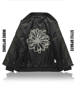 Detailed interior of dark green bomber jacket featuring large white floral lining pattern