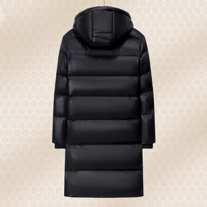Glossy black long down jacket with hood and horizontal quilting back view for winter