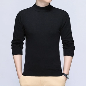 Male model wearing black mock neck long sleeve knitted sweater in slim fit for autumn