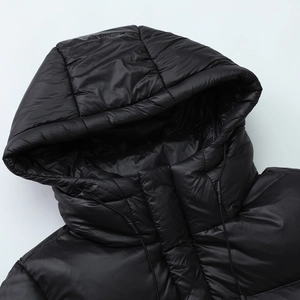 Unisex black hooded down jacket with quilted pattern and high neck collar for winter