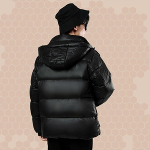 Glossy black hooded down jacket for men and women featuring stylish padded back design