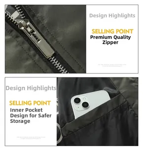 Detail of high-quality silver metal zipper and interior hidden pocket for men's jacket