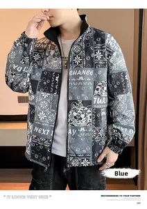 Detailed view of street style men's jacket with tiger print and casual zip-up collar