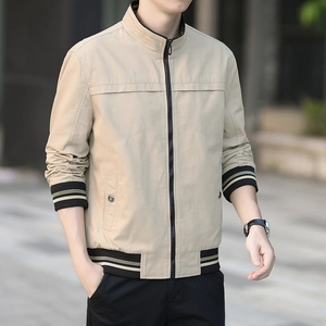 Veste décontractée en coton kaki pour hommes avec poignets rayés et col montant chic