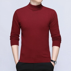 Men's slim fit long sleeve turtleneck sweater in deep wine red color for autumn winter